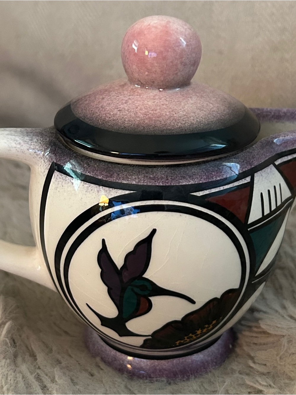 Marjorie Esalio Artisan Hand-Painted Purple Hummingbird Ceramic Creamer with Lid